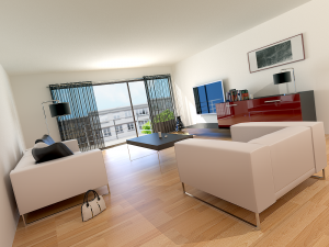 Perspective 3D photoréaliste de l'intérieur d'un immeuble à appartements